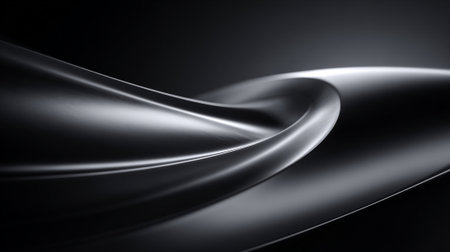 Elegant flowing silver shapes reflecting light with a dark moody gradient background.の素材