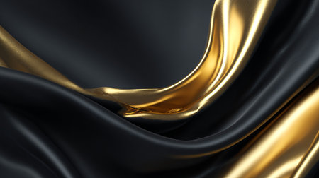 Abstract Silk Fabric Background of Black and Gold Waving Textures.の素材