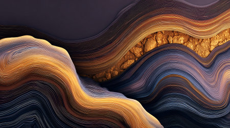 Abstract undulating layers with golden hues and textured surface designs.の素材