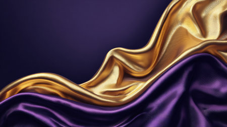 Luxurious Gold and Purple Fabric Flowing Gracefully Against a Dark Backgroundの素材