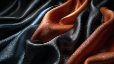 Luxurious Fabric Folds: Shimmering Orange and Black Cloth Draping Elegantlyの素材
