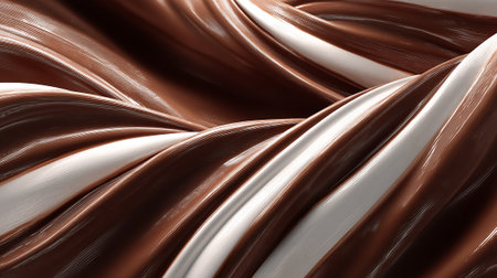 Glossy chocolate and white cream abstract background design with smooth flowing wavesの素材