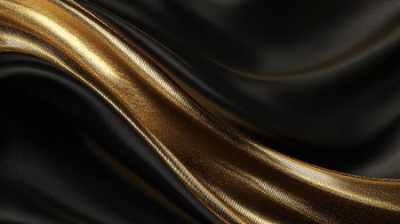 Elegant black and gold flowing fabric creates a luxurious and modern backdropの素材
