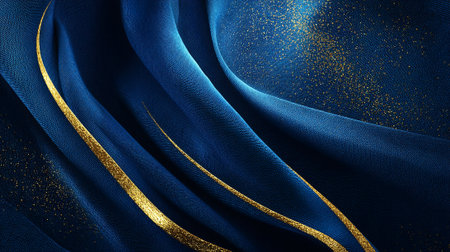 Elegant dark blue fabric with shimmering gold detailing creating a stylish backgroundの素材