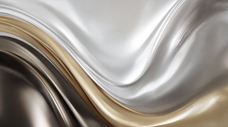 Elegant metallic waves: A flowing abstract background with silver, gold, and shadesの素材