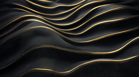 Abstract Black Fabric Waves Emphasized with Golden Lines for Background or Designの素材