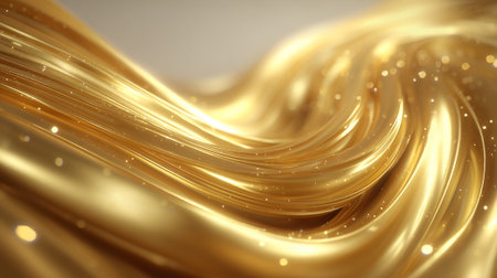 Elegant, flowing golden fabric with shimmering highlights and bokeh effect backgroundの素材