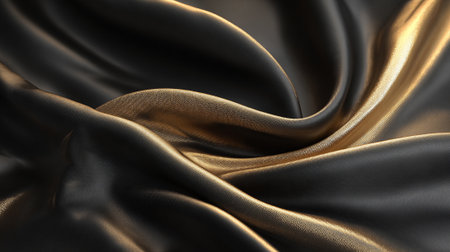 Flowing Black and Gold Fabric Creates a Luxurious Textured Backgroundの素材