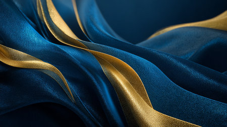 Luxurious flowing fabric with captivating gold accents against a dark teal backdropの素材