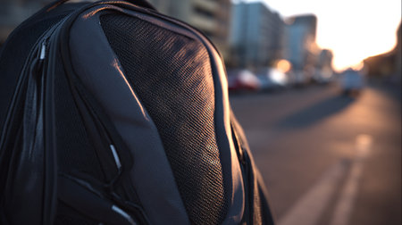 Backpack Detail on City Street During Golden Hour with Buildings Bokehの素材