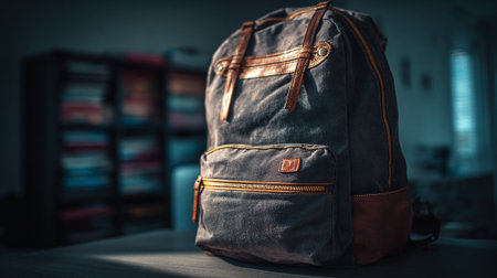 Stylish Canvas Backpack with Leather Accents Resting on a Wooden Surfaceの素材