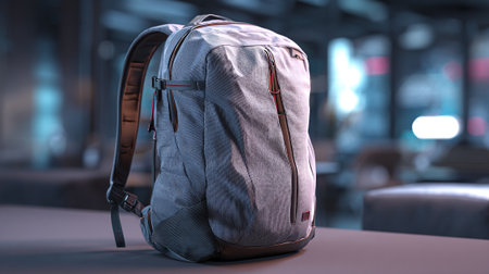 Stylish Backpack Product Display Against Blurred Background: Modern Bag Presentationの素材