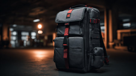 Modern Dark Gray and Red Backpack on an Abstract Floor Surfaceの素材