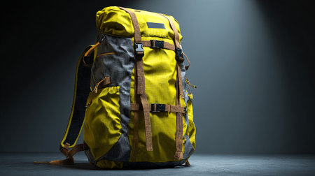 High-Resolution Image of a Yellow and Gray Camping Backpack Ready for Adventureの素材