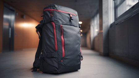 Modern Black and Red Backpack Sits in a Hallway Near Elevatorsの素材
