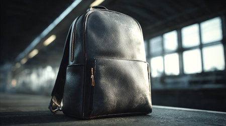 Stylish Black Leather Backpack on a Platform with Blurry Backgroundの素材