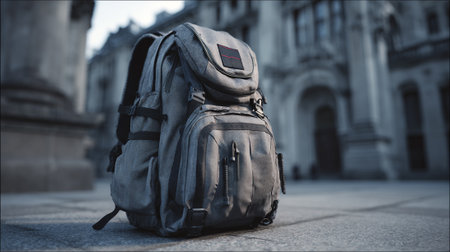 Urban Backpack on a Stone Plaza with Architectural Building Backgroundの素材