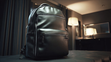 Sleek black leather backpack in a luxurious bedroom setting showcases modern eleganceの素材
