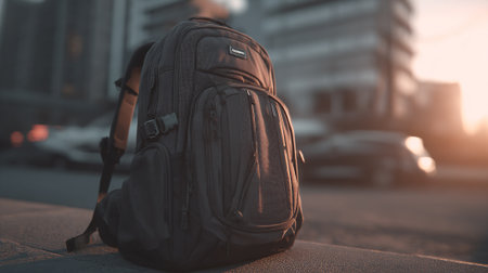 Urban Explorer: Stylish Backpack Resting in the City at Sunset Hourの素材