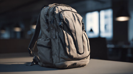 Modern Backpack Against a Blurred Interior Background with Strong Light and Shadowの素材