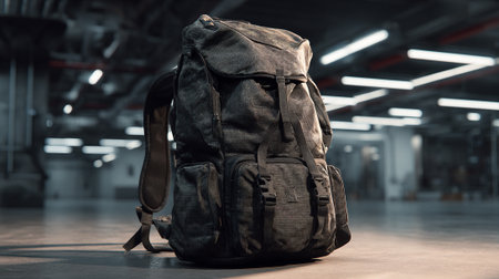 Stylish and Rugged Black Backpack Stands Out in an Industrial Settingの素材