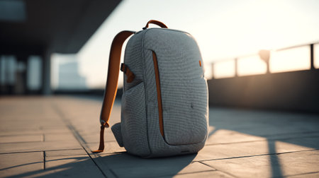 Stylish gray backpack with brown straps sits on a concrete surface.の素材