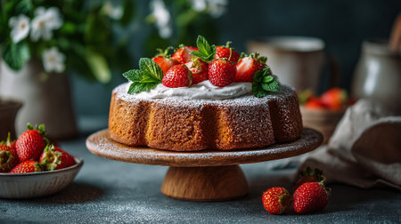 Delightful strawberry cake decorated with cream, mint, and dusted powdered sugarの素材