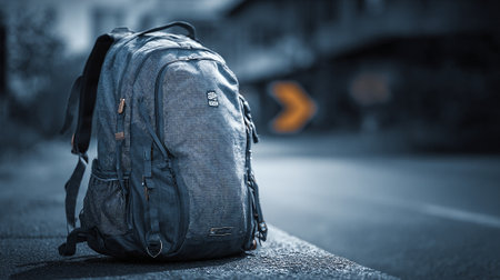 Backpack's Journey: A Stylish Travel Bag Rests on the Edge of Adventureの素材