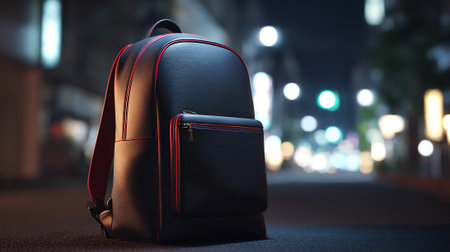 Sleek Black Backpack with Red Trim Standing on a Dark City Streetの素材