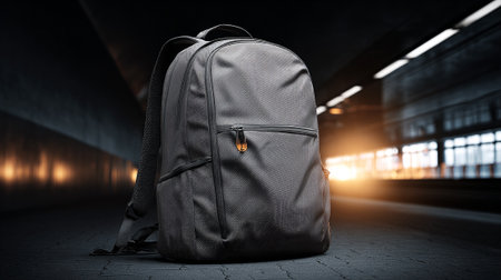 Stylish grey backpack on a dark urban floor with light backgroundの素材