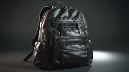 Sleek Black Leather Backpack with Multiple Zippers on a Dark Backgroundの素材