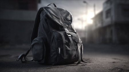 Dark textured backpack lying on pavement with a blurred background cityscapeの素材