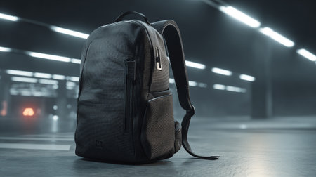 Stylish Black Backpack Isolated in a Modern, Minimalist Space with Ambient Lightingの素材