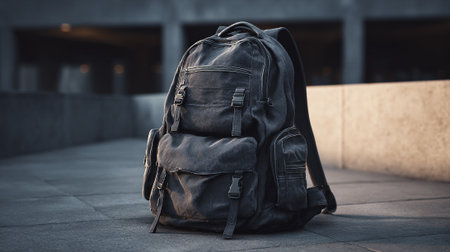 Rugged black backpack resting on textured concrete against an architectural backdrop.の素材
