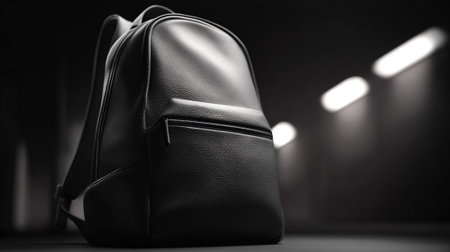 Sleek Black Leather Backpack, Illuminated in a Dark Studio Settingの素材