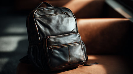 Stylish leather backpack with pockets, zippers, and handles on a textured surface.の素材