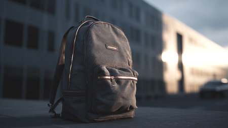 Stylish backpack on modern urban background with diffused golden light and calm moodの素材
