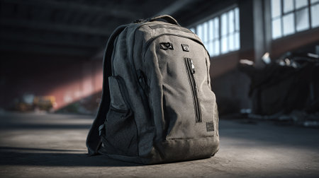 Gray Backpack Stands Ready for Urban Adventure Amidst a Blurred Industrial Landscapeの素材