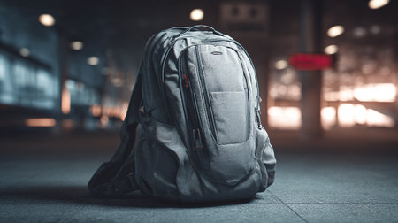 Stylish Gray Backpack Resting on a Concrete Floor in an Urban Settingの素材