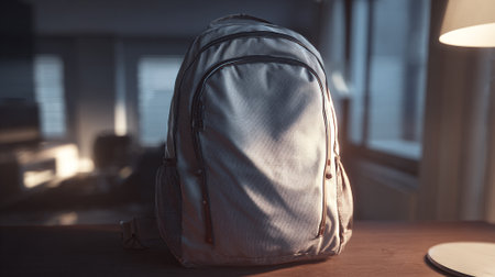 Stylish Backpack on Wooden Table in Gentle Indoor Lighting Environmentの素材