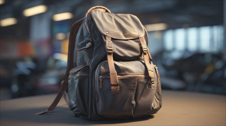 Stylish Black and Brown Backpack Resting on a Table with Blurred Backgroundの素材