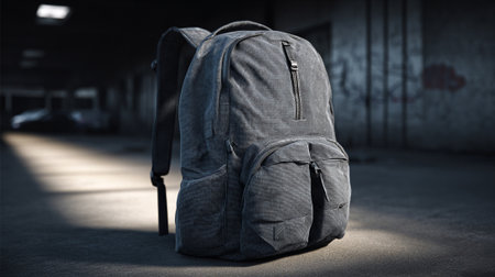 Stylish gray backpack stands alone in an urban environment with blurred background.の素材