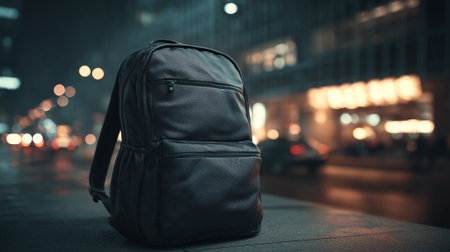 Urban Nightscape: Black Backpack Resting on City Sidewalk at Nightの素材