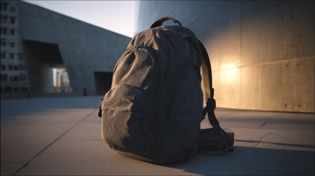 Urban Explorer's Backpack: A Stylish Gray Rucksack with Modern Architectural Backdropの素材