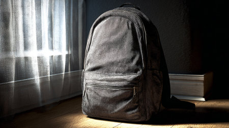 Stylish textured backpack resting indoors near a window with sheer curtains.の素材