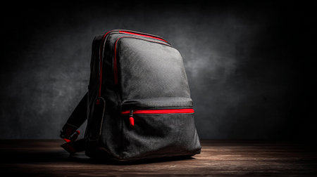 Stylish Black Backpack with Red Accents Sitting Elegantly on a Wood Surfaceの素材