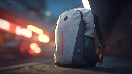 Modern Backpack on Platform with Urban Glow in a Fashionable Lightの素材
