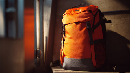 Stylish orange backpack rests on concrete, bathed in morning light's embrace.の素材