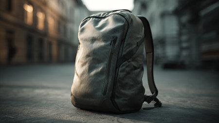 Stylish Dark Backpack Resting on Urban Sidewalk, Textured Material and Modern Designの素材