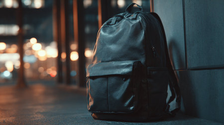 Urban Leather Backpack Resting Against Wall at Night in a City Sceneの素材